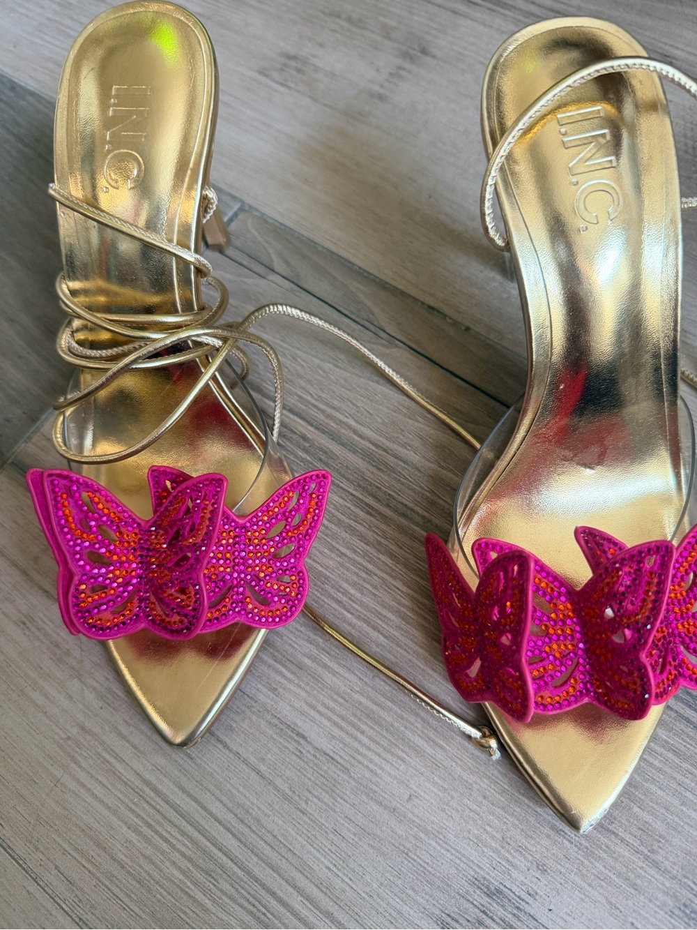 INC International Concepts Gold Lace-Up Heels with Hot Pink Butterfly Appliqués - Picture 2 of 5